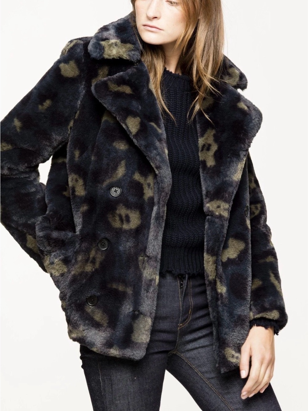Zadig & Voltaire Blue and Olive Camouflage Faux-Fur Jacket Sz M